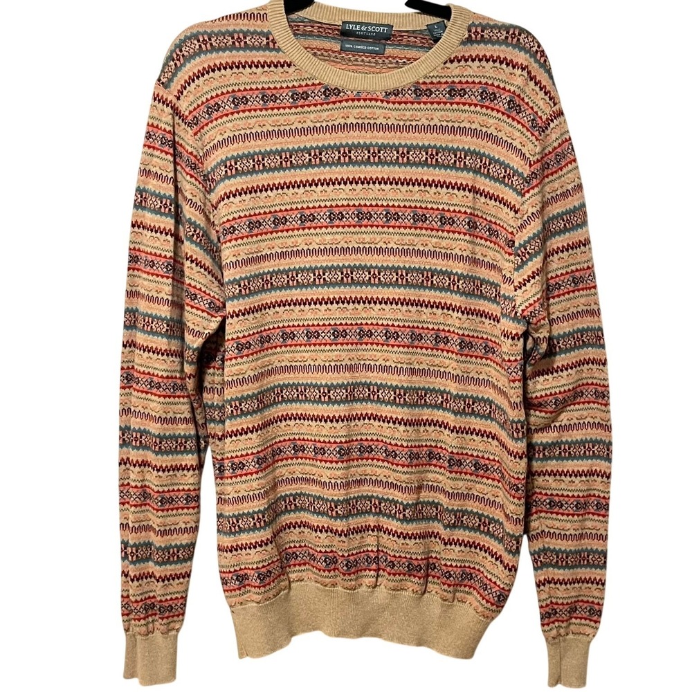 Lyle & Scott Fair Isle Knit Sweater Large Cotton Crewneck Tan